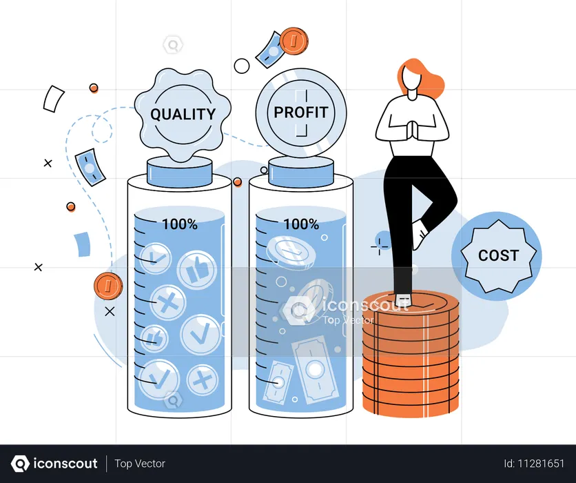 Geschäftsfrau, die Qualität und Rentabilität zu geringeren Kosten verwaltet  Illustration