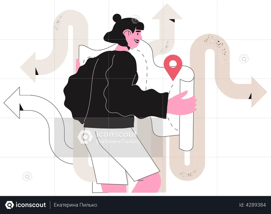 Geschäftsfrau sucht in der Karte nach Erfolgsrichtung  Illustration