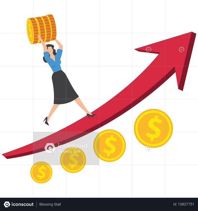 Geschäftsfrau trägt Münze entlang des wachsenden Pfeils  Illustration
