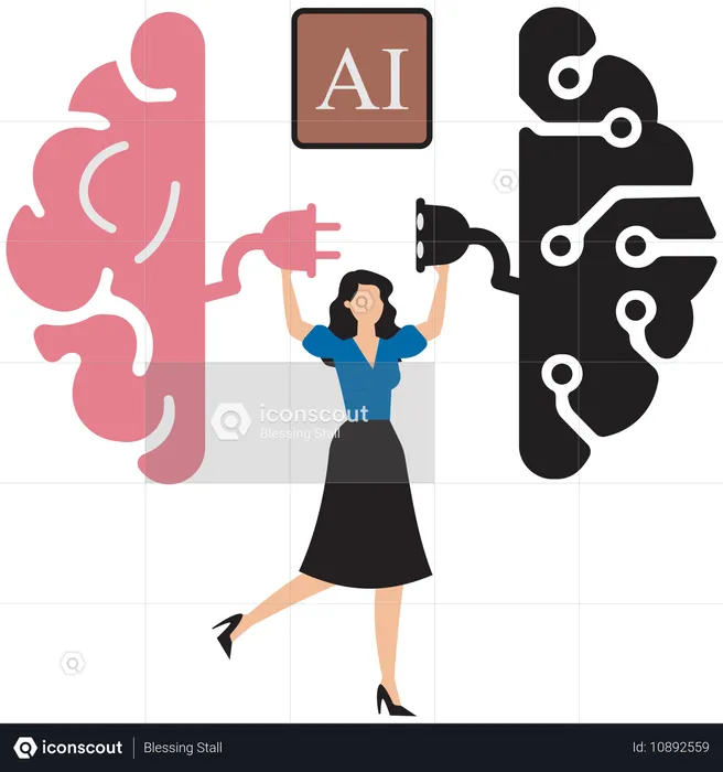 Geschäftsfrau verbindet KI-Gehirn mit Technologie  Illustration