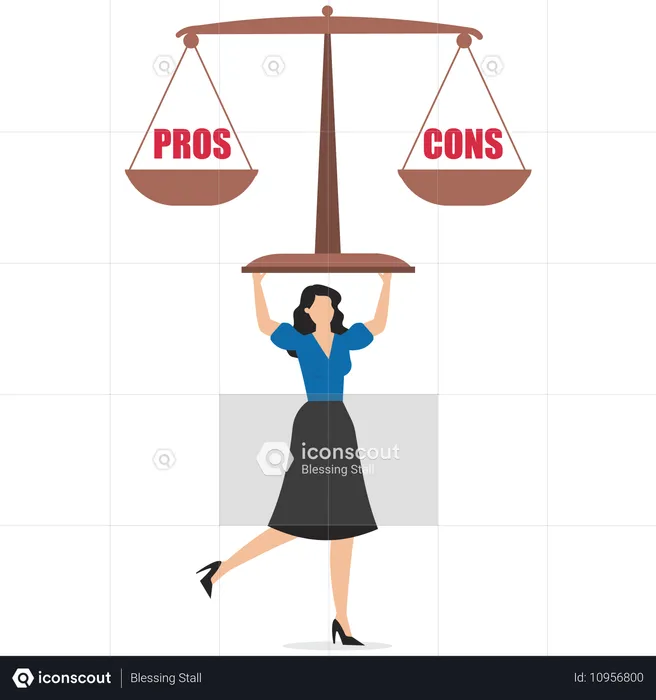Geschäftsfrau wägt Vor- und Nachteile auf Wippe ab  Illustration