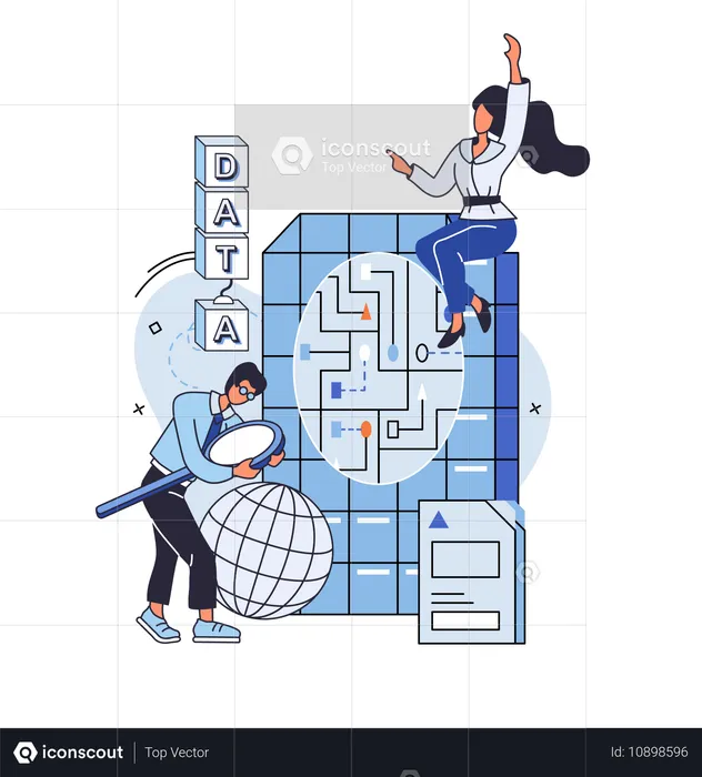 Geschäftsleute, die an komplexen Datenquellen arbeiten  Illustration