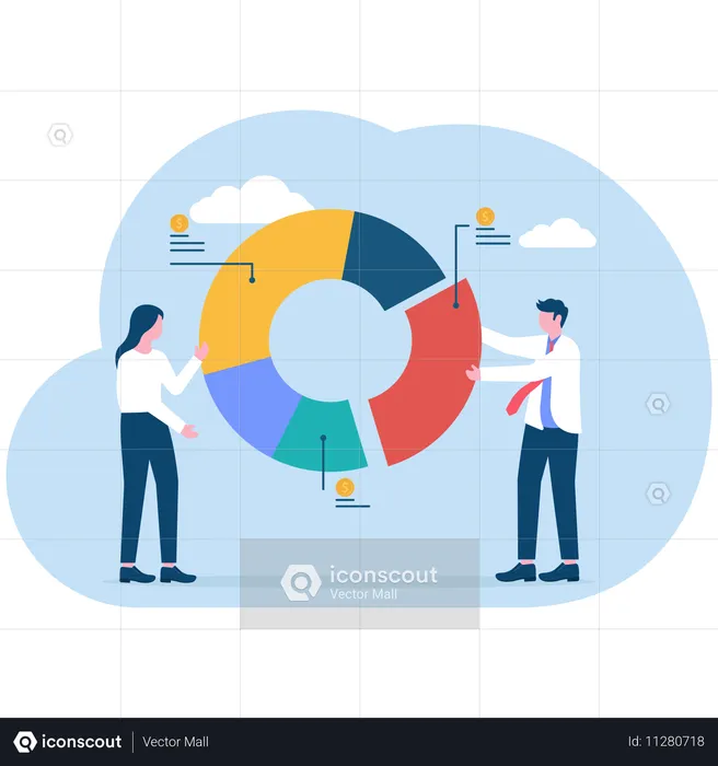 Geschäftsleute diskutieren Geschäftskreisdiagramm  Illustration