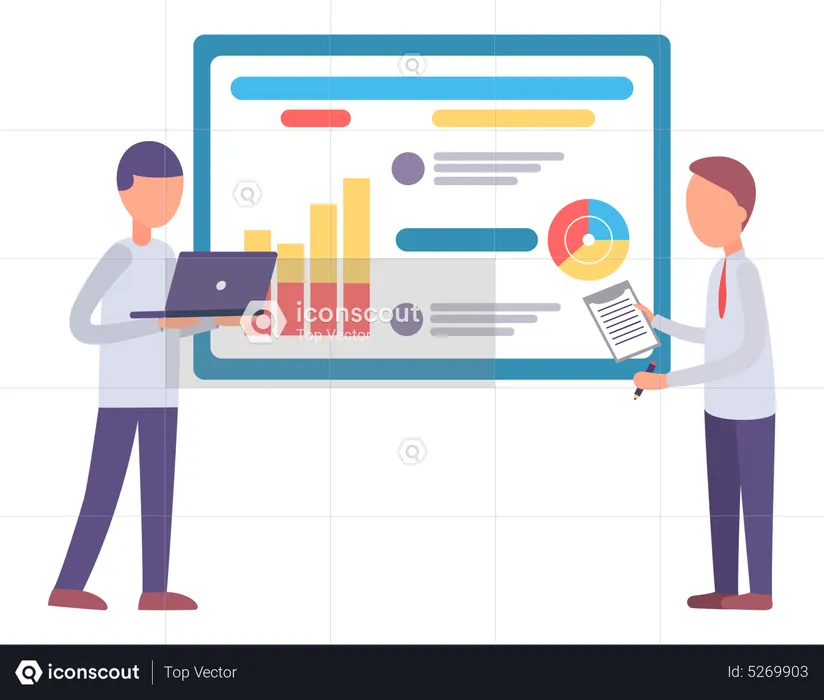 Geschäftsleute stehen mit Analytics neben dem Board  Illustration