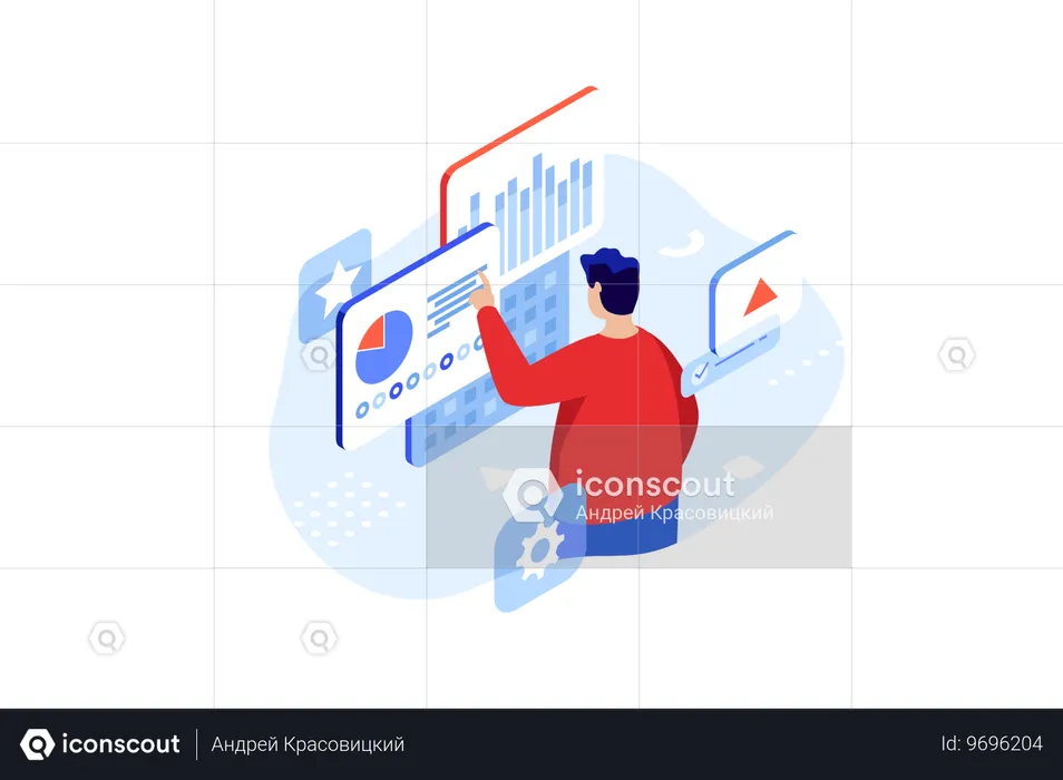 Geschäftsmann analysiert Daten auf virtuellen Bildschirmen  Illustration