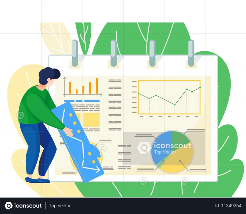 Geschäftsmann analysiert Diagramme und Berichte  Illustration