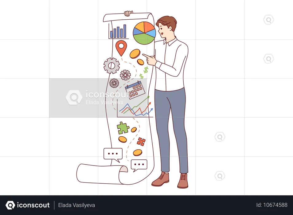 Geschäftsmann analysiert die kommerzielle Leistung des Unternehmens und zeigt ein Dokument mit Finanzdiagrammen  Illustration