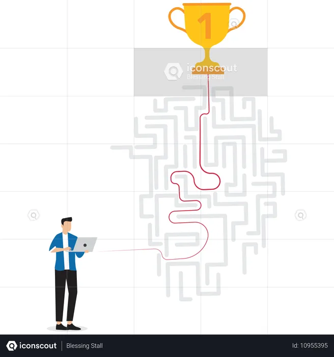 Geschäftsmann analysiert Labyrinth mit verschiedenen Karrierewegen, die zu unterschiedlichen Erfolgspunkten führen  Illustration