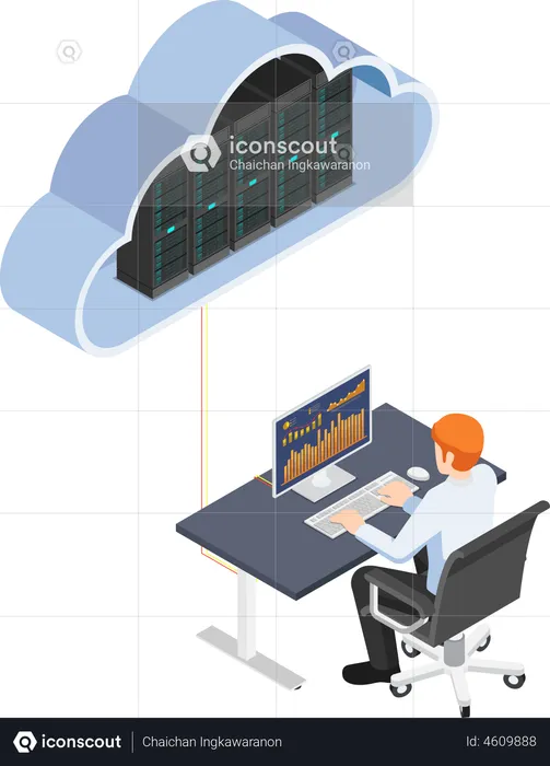 Geschäftsmann arbeitet am Desktop-PC und lädt Daten in den Cloud-Speicher hoch  Illustration