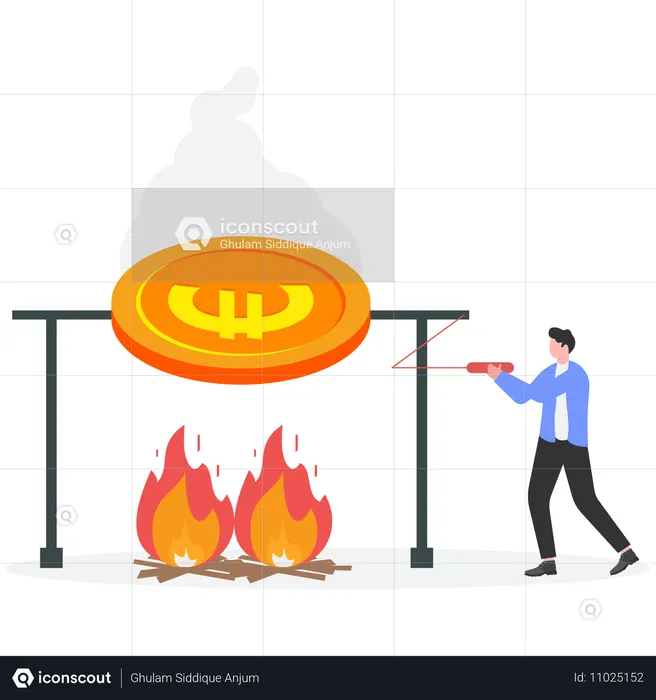 Geschäftsmann arbeitet hart daran, Goldmünzen zu schmelzen  Illustration