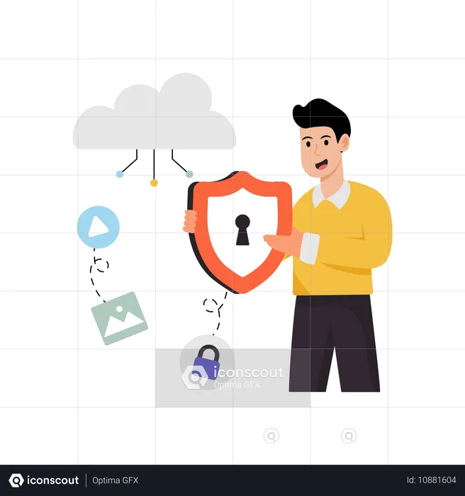 Geschäftsmann arbeitet an Cloud-Datenschutz  Illustration