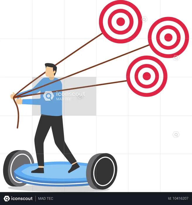 Geschäftsmann auf einem Elektroroller unterwegs versucht, viele Ziel zu ziehen  Illustration