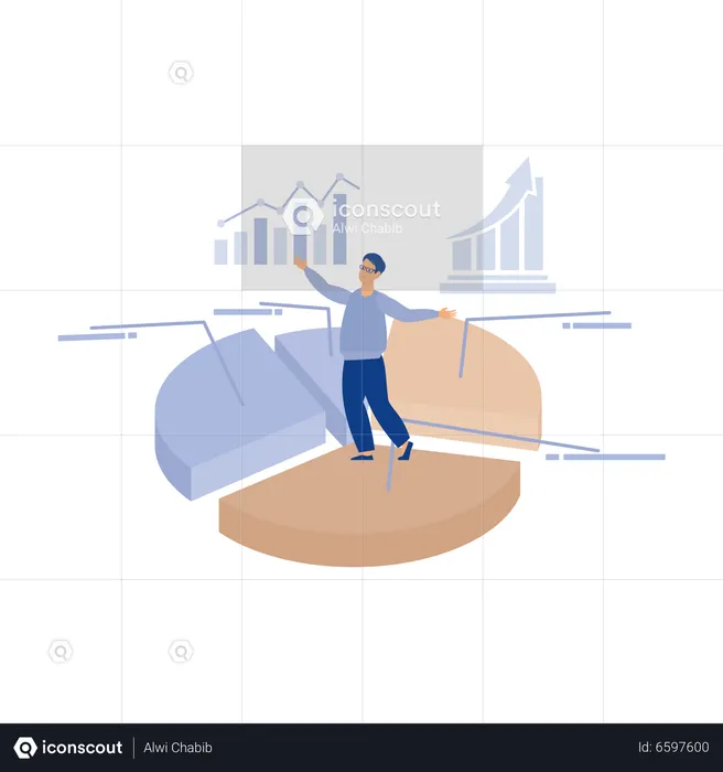 Kreisdiagramm für Gleichgewicht und Kontrolle eines Geschäftsmanns mit Analysedaten in den Händen  Illustration