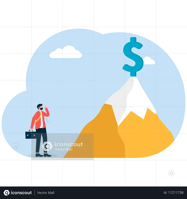 Geschäftsmann, Blick auf Dollarzeichen auf riesiger Bergkette  Illustration