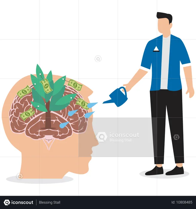 Geschäftsmann, der Ideen in den Kopf gießt  Illustration