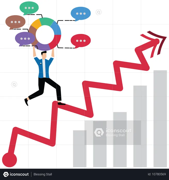 Geschäftsmann, der das Kreisdiagramm eines Berichts auf einer steigenden Kurve nach oben schiebt  Illustration