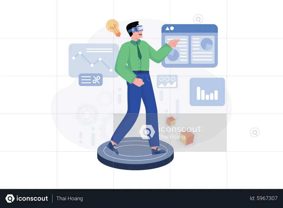 Geschäftsmann führt Datenanalyse in Metaverse-Technologie durch  Illustration