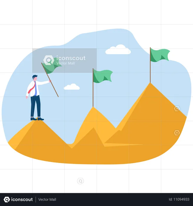 Geschäftsmann mit Flagge auf dem Gipfel des Berges  Illustration