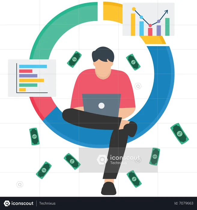 Geschäftsmann mit Laptop analysiert Diagramme und Grafiken  Illustration