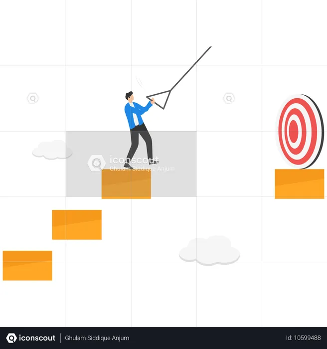 Geschäftsmann hält Seil in den Händen, um auf die andere Seite zu schlurfen, während er Geschäftsziele erreicht  Illustration