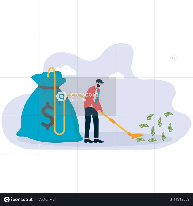 Geschäftsmann hält Staubsauger und saugt Geld in Geldbeutel  Illustration