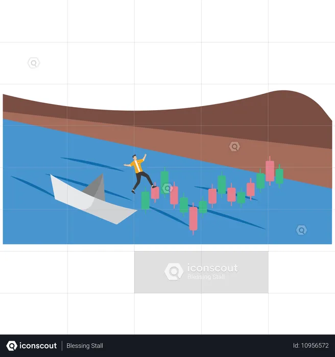 Geschäftsmann und Investor gehen vorsichtig an Rettungsring aus Investment-Balkendiagramm vorbei  Illustration