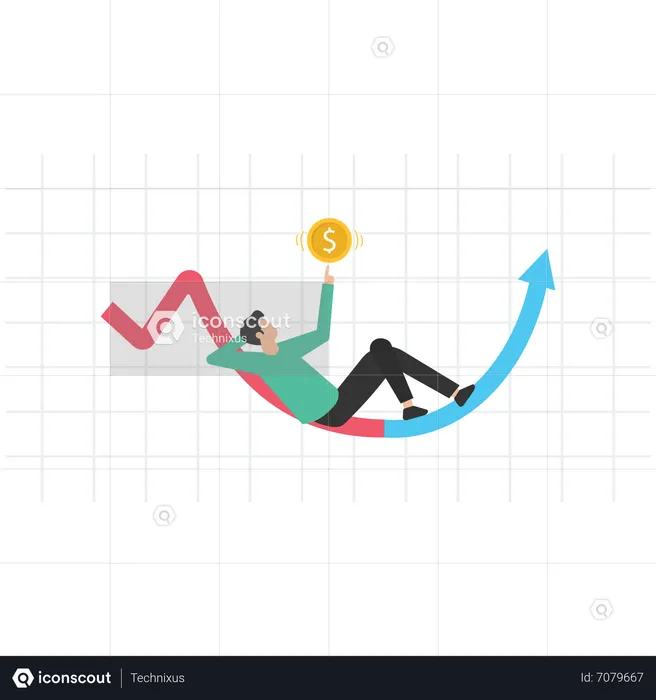 Geschäftsmann Investor legt sich hin und wartet auf Gewinn bei wachsender Grafik  Illustration