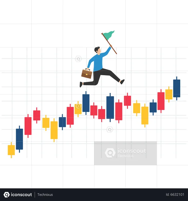 Geschäftsmann Investor mit Geld Aktentasche läuft auf Candlestick-Diagramm  Illustration