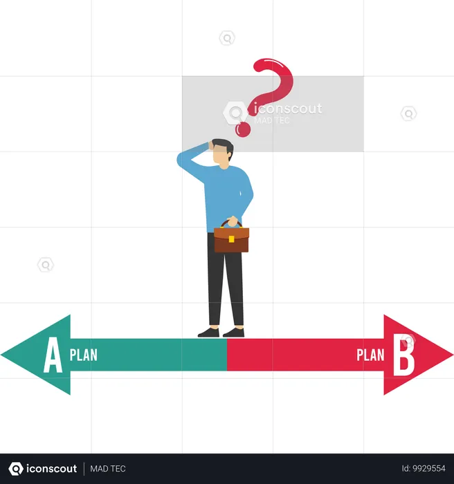 Geschäftsmann verwirrt über zwei Möglichkeiten, Plan A und Plan B  Illustration