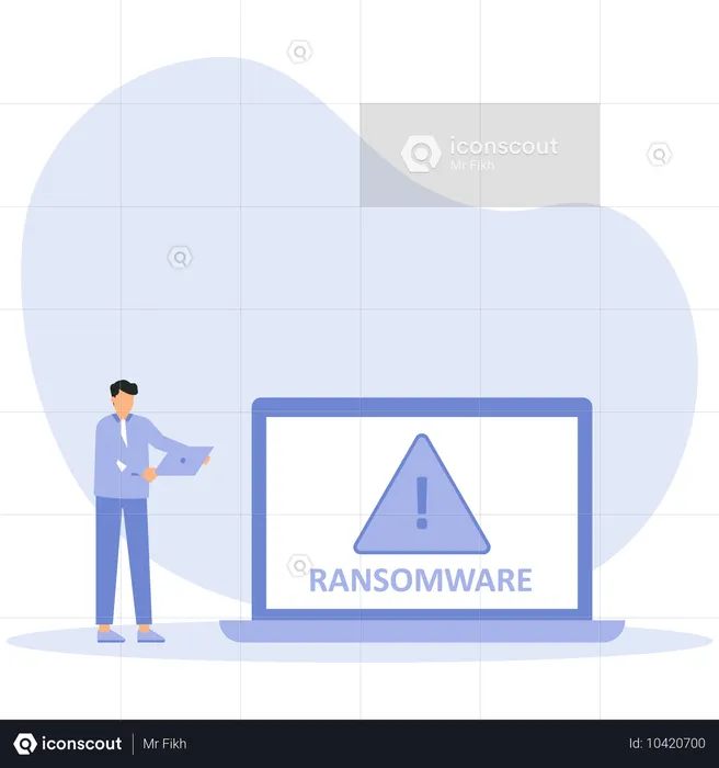 Geschäftsmann ist verwirrt, als er sich am Computer ein gehacktes Bankkonto online ansieht  Illustration