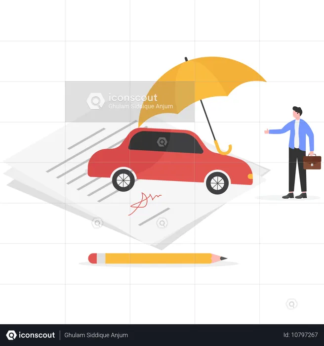 Geschäftsmann kauft Auto mit Kfz-Versicherung  Illustration