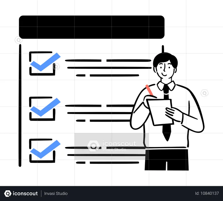 Geschäftsmann, der Checkliste für Unternehmen markiert  Illustration