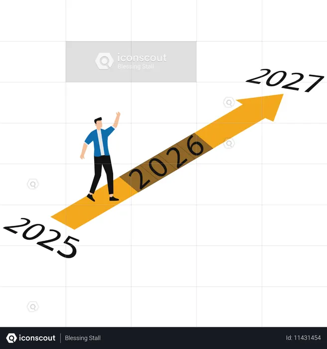 Geschäftsmann läuft auf 2025 2026 2027 Jahre gehen zum Ziel oder Weg weit  Illustration
