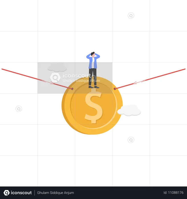 Geschäftsmann mit gebrochenen Spuren und Angst am Seil hängen riesige Dollarzeichen  Illustration