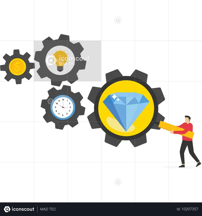 Geschäftsmann mit Lupe Diamant aus Zahnradproduktion  Illustration