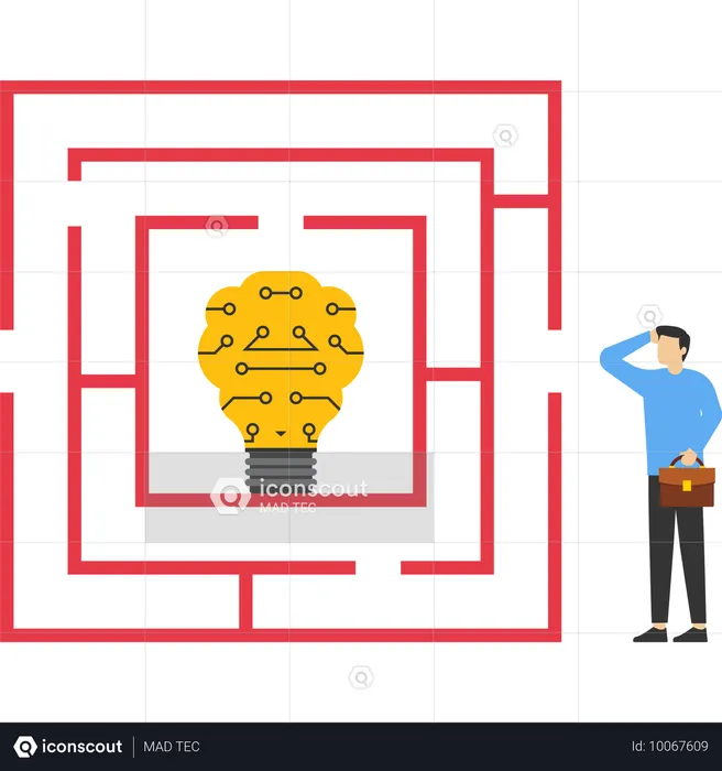 Geschäftsmann will Techno-Glühbirnen-Labyrinth betreten  Illustration