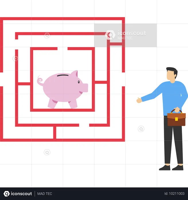 Geschäftsmann will in ein Sparschwein-Labyrinth einsteigen  Illustration