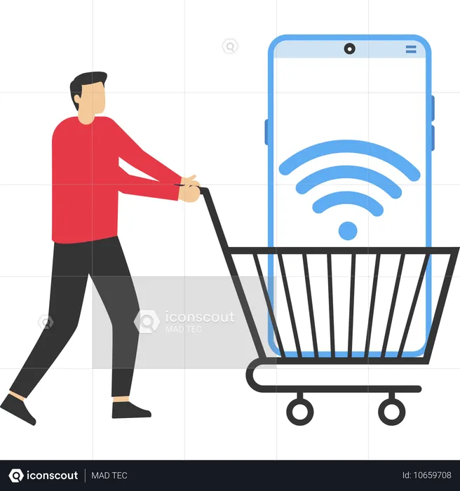 Geschäftsmann nutzt mobile E-Commerce-App mit großem WLAN-Schild im Einkaufswagen  Illustration