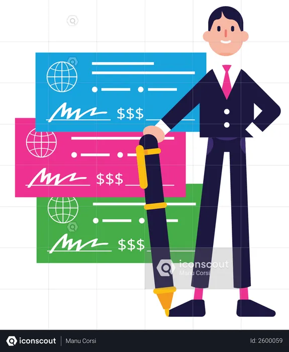 Geschäftsmann oder Manager unterschreibt Bankscheck  Illustration