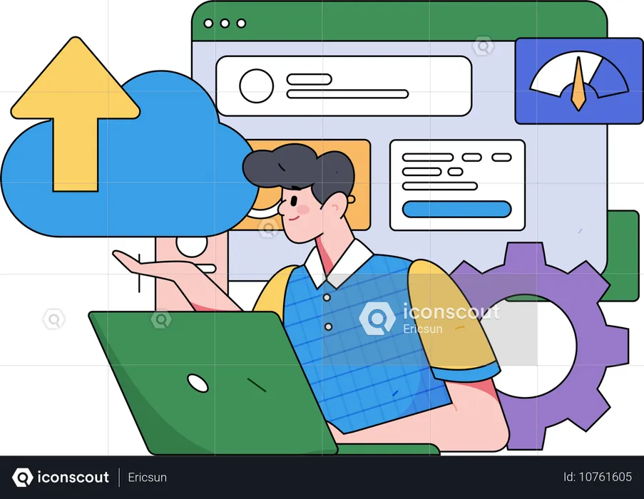 Geschäftsmann präsentiert Cloud-Daten auf Server  Illustration