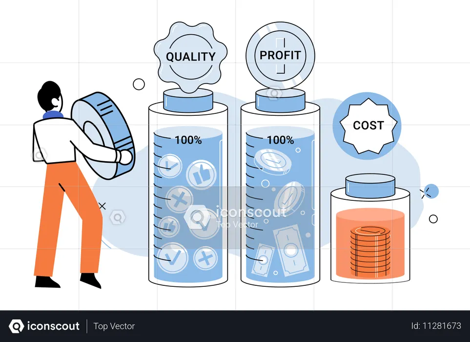 Geschäftsmann, der Qualität und Rentabilität zu geringeren Kosten verwaltet  Illustration