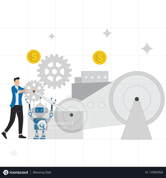 Geschäftsmann repariert Ausrüstung mit Hilfe eines KI-Roboters  Illustration