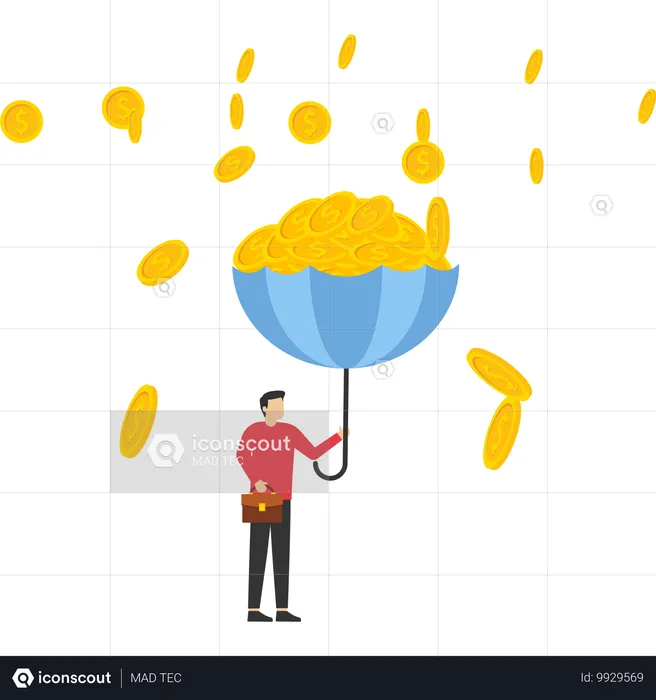 Geschäftsmann fängt mit umgedrehtem Regenschirm einen großen Münzregen auf  Illustration