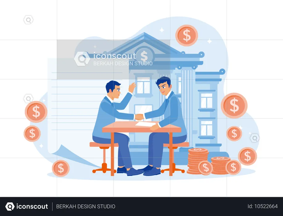 Geschäftsmann schüttelt der Bankfiliale die Hand und stimmt der Vereinbarung zu, Geld von der Bank zu leihen  Illustration