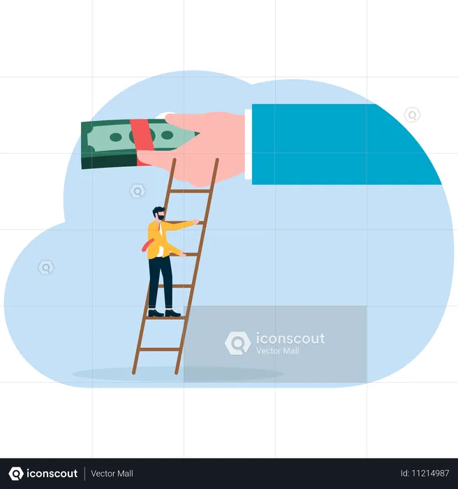 Geschäftsmann klettert die Leiter hinauf, um Geld aus den Händen von Riesen aufzuheben  Illustration