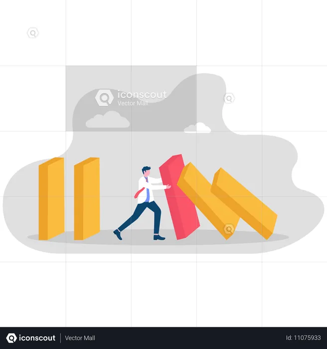 Geschäftsmann stoppt Dominoeffekt  Illustration