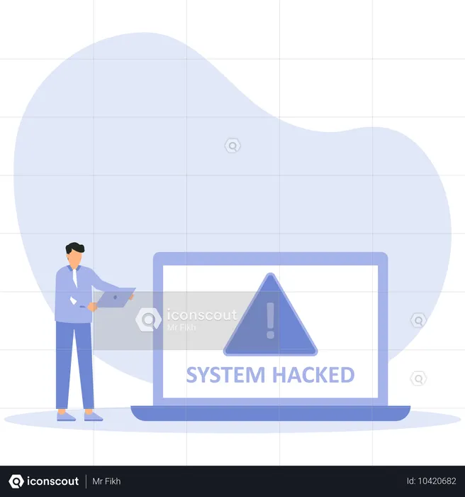 Geschäftsmann sucht Benachrichtigung über gehacktes System  Illustration