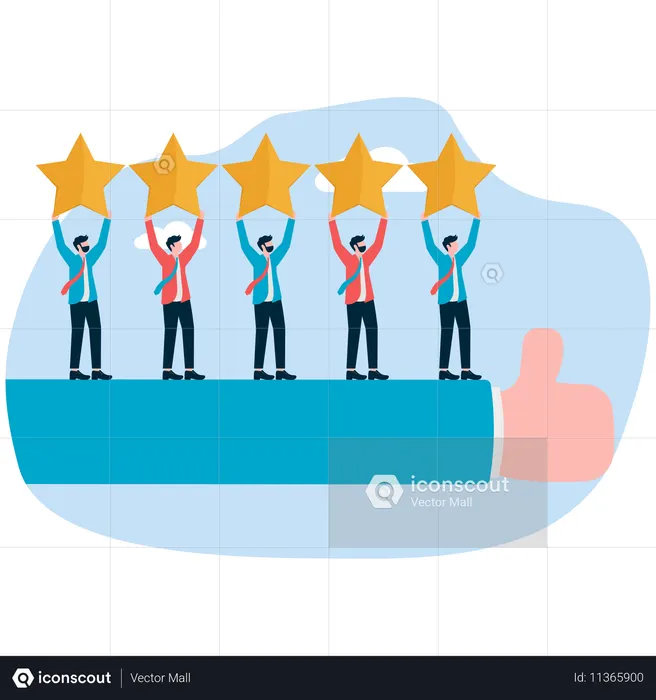 Das Geschäftsteam vergibt Sterne für Bewertungen mit guter Bewertung  Illustration