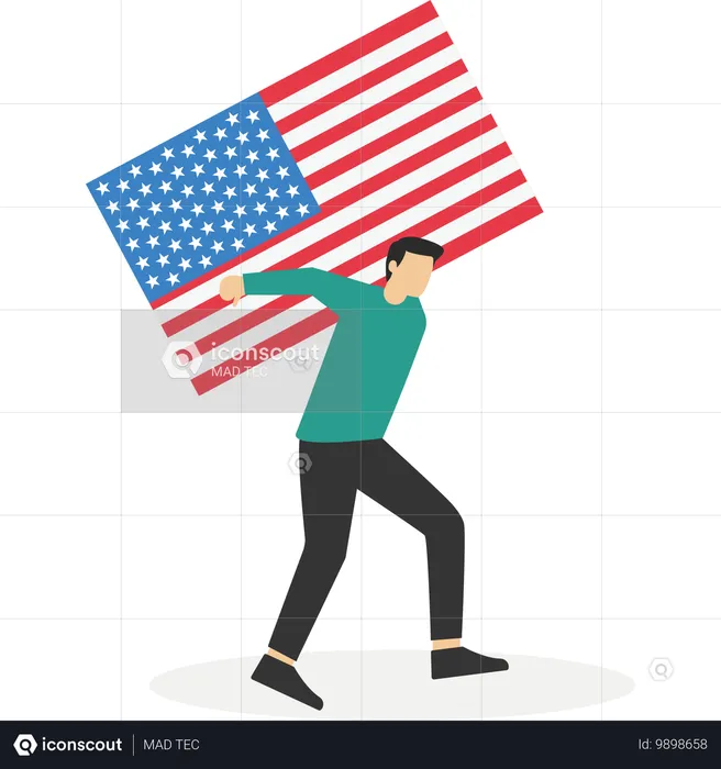 Geschäftsmann trägt riesige mit Flagge der Vereinigten Staaten von Amerika  Illustration