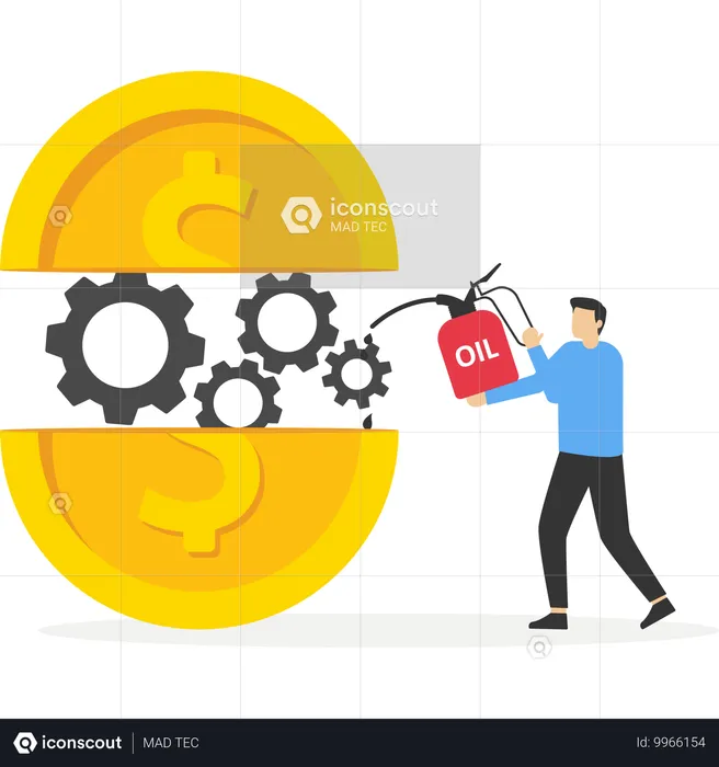 Geschäftsmann, der Schmieröl auf das Maschinengetriebe zum Öffnen einer Dollarmünze aufträgt  Illustration